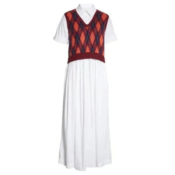 NWT $345 STAUD JACK KNAVE ARGYLE VEST BODICE WHITE COTTON MIDI DRESS SIZE SMALL - Picture 5 of 8